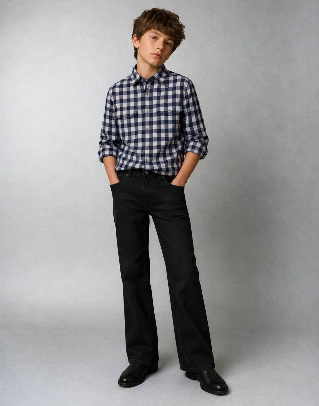 Gini and Jony Boys Navy Blue Solid Denim Mid-Rise Flare Fit Trousers