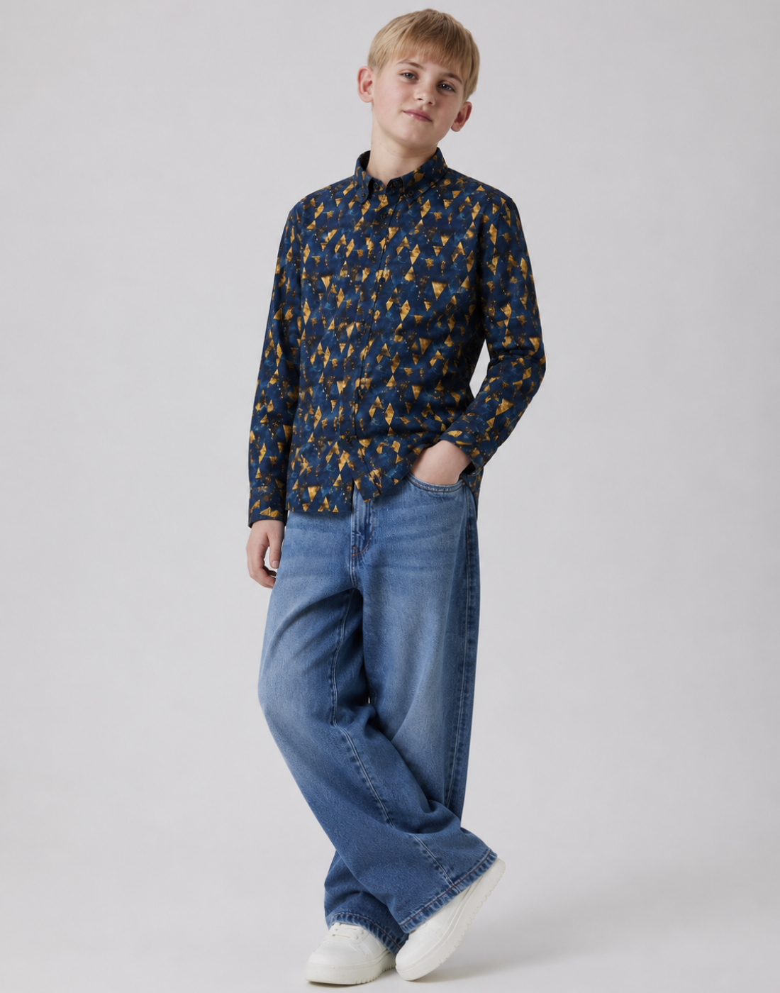 Boys Navy Blue Geometric Print Full Sleeve Shirt