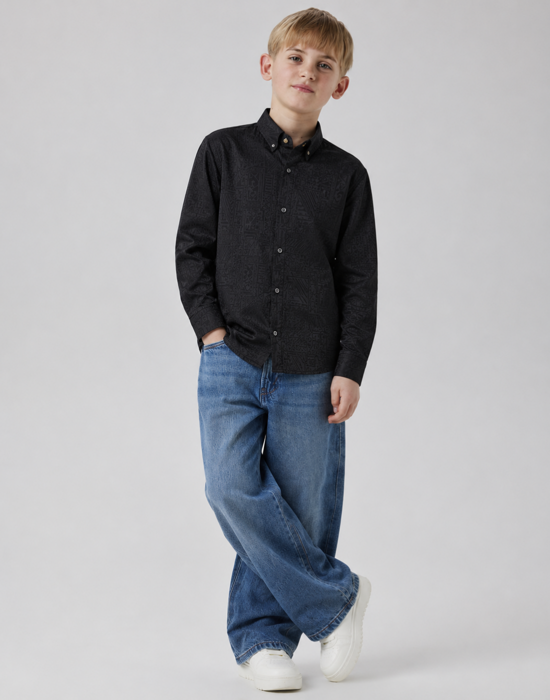 Boys Black Textured Full Sleeve Shirt