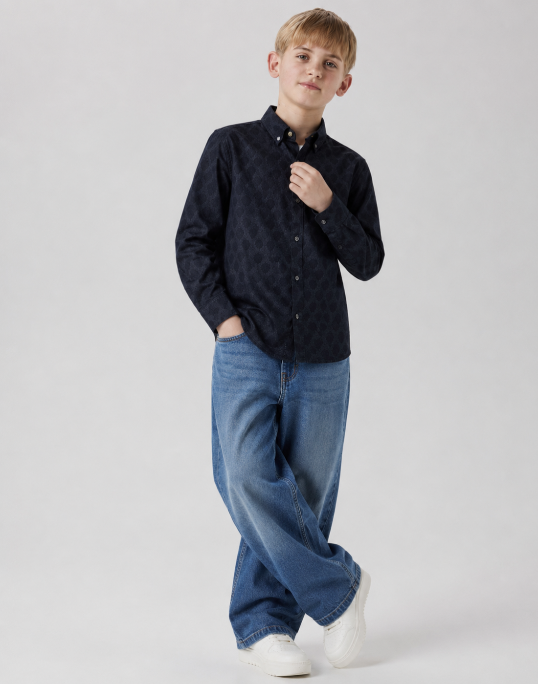 Boys Navy Blue Textured Full Sleeve Shirt