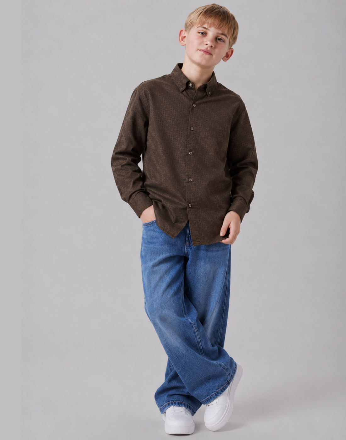 Boys Brown Textured Full Sleeve Shirt