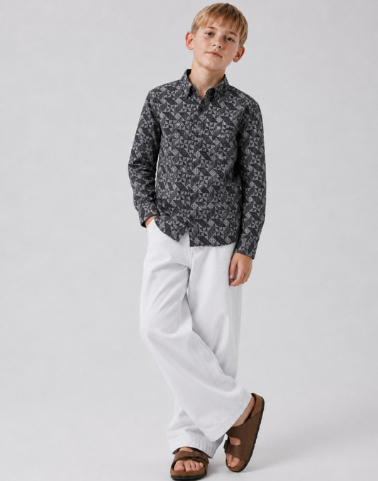 Boys Grey Geometric Print Full Sleeve Shirt