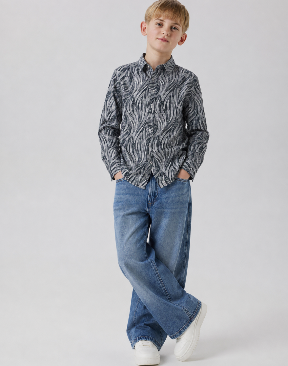 Boys Grey Abstract Print Full Sleeve Shirt
