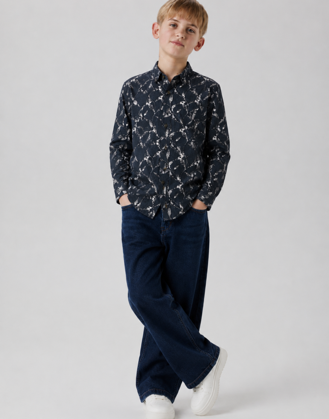 Boys Black All Over Leaf Print Full Sleeve Shirt