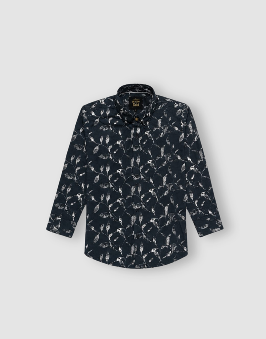 Boys Black All Over Leaf Print Full Sleeve Shirt
