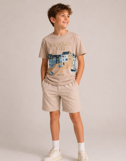 Gini and Jony Boys Beige Cotton T-Shirt Half Sleeves