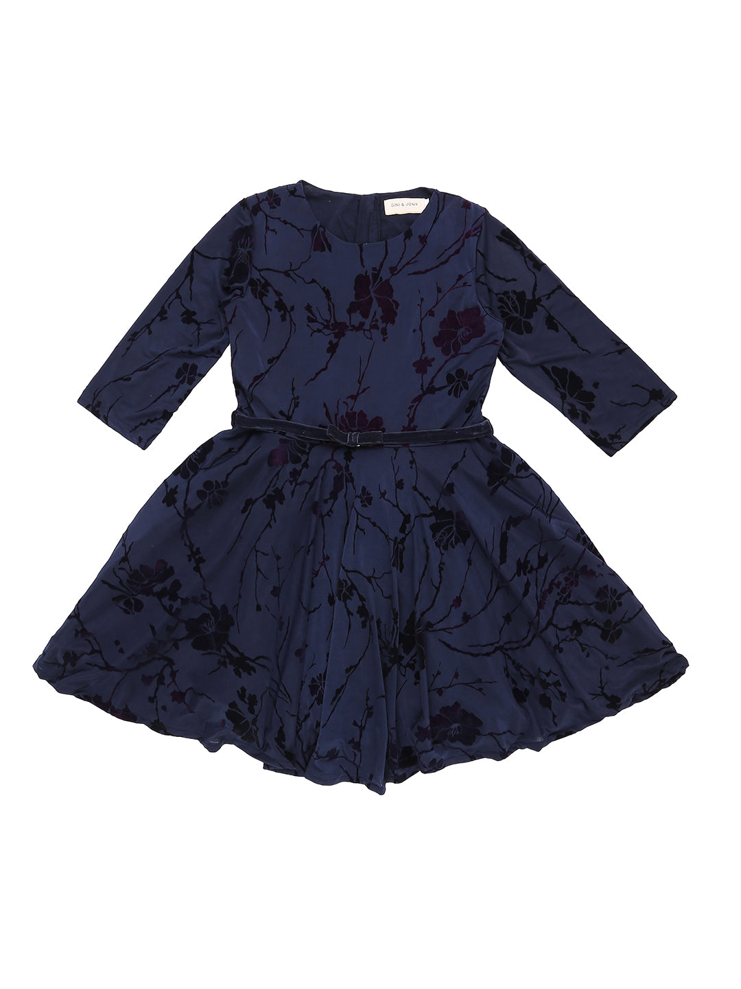 Girls Navy  Floral Print Cotton Dress Half Sleeves