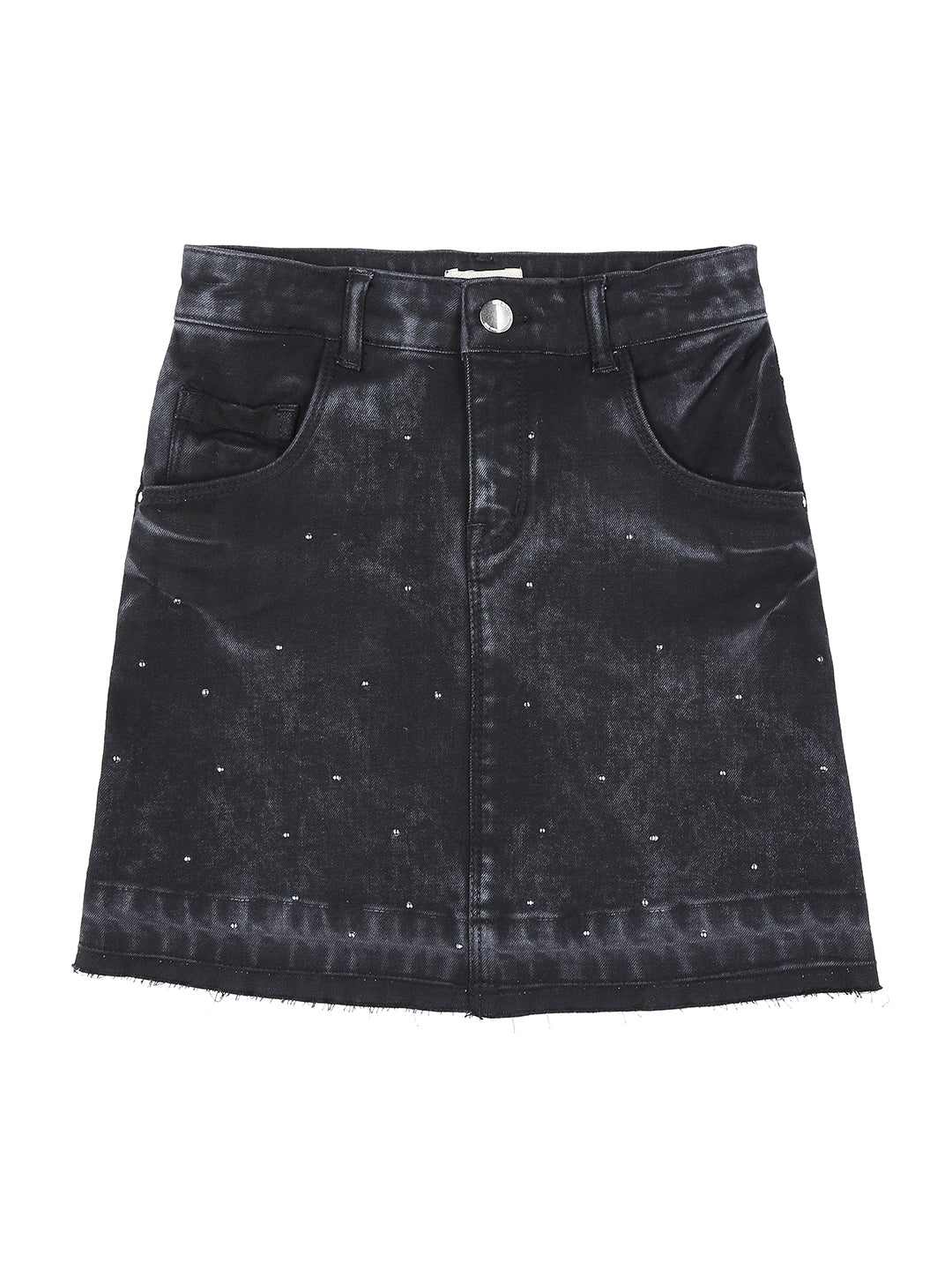 Girls Black Denim Applique Fixed Waist Skirt