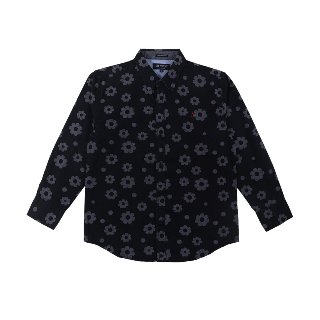 Boys Black Cotton Floral Print Full Sleeves Shirt