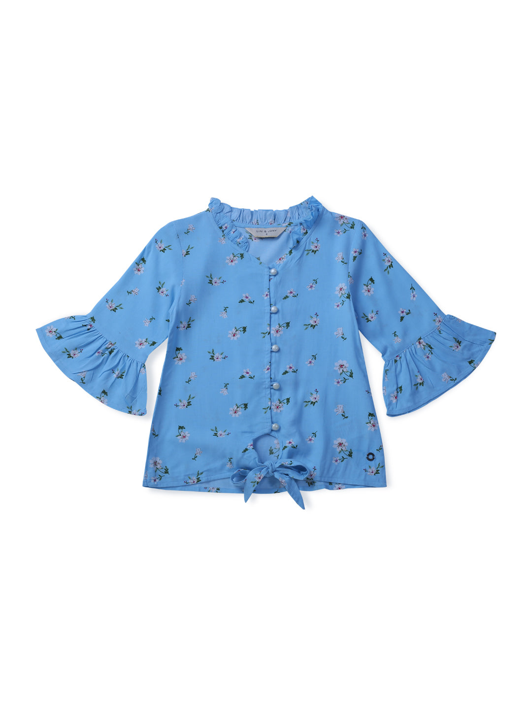 Girls Blue Printed Cotton Woven Top