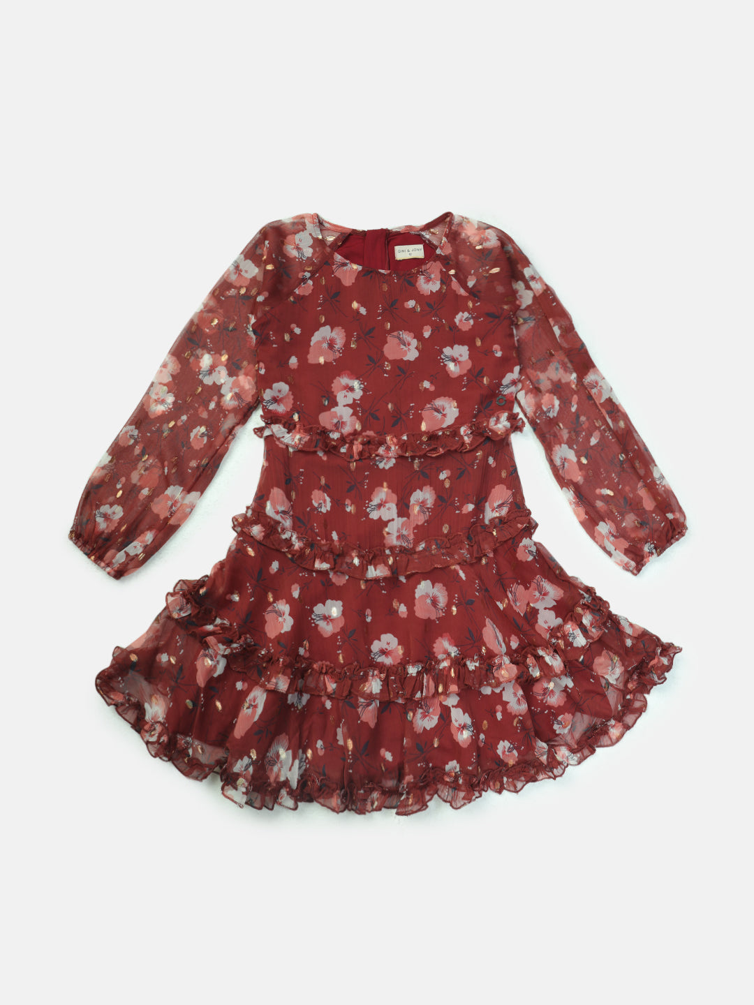 Girls Red Woven Floral Print Full Sleeves Dress