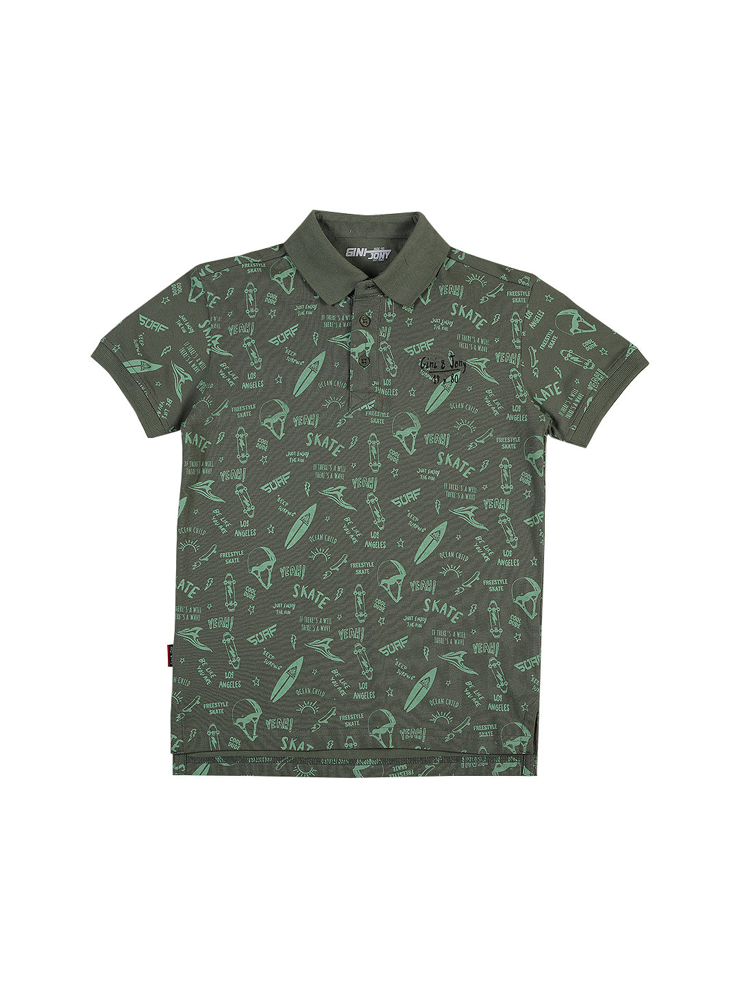 Boys Green Cotton Printed Half Sleeves Polo T-Shirt