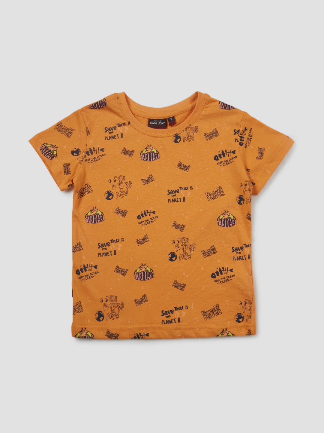 Boys Orange Printed Cotton T-Shirt