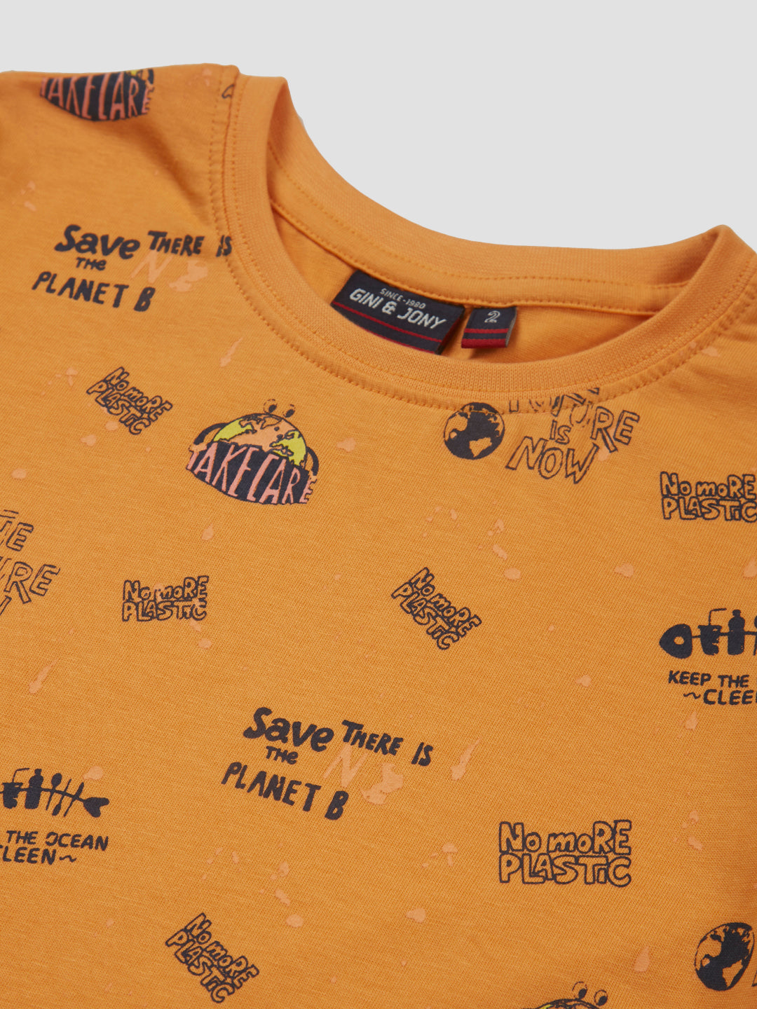 Boys Orange Printed Cotton T-Shirt