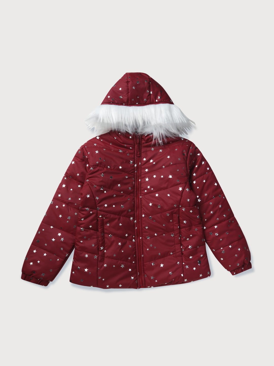 Girls Red Printed Polyster Heavy Winter Jacket