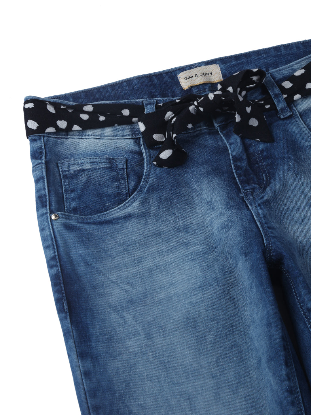 Girls Blue Denim Washed Fixed Waist Jeans