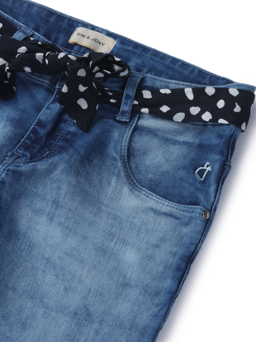 Girls Blue Denim Washed Fixed Waist Jeans