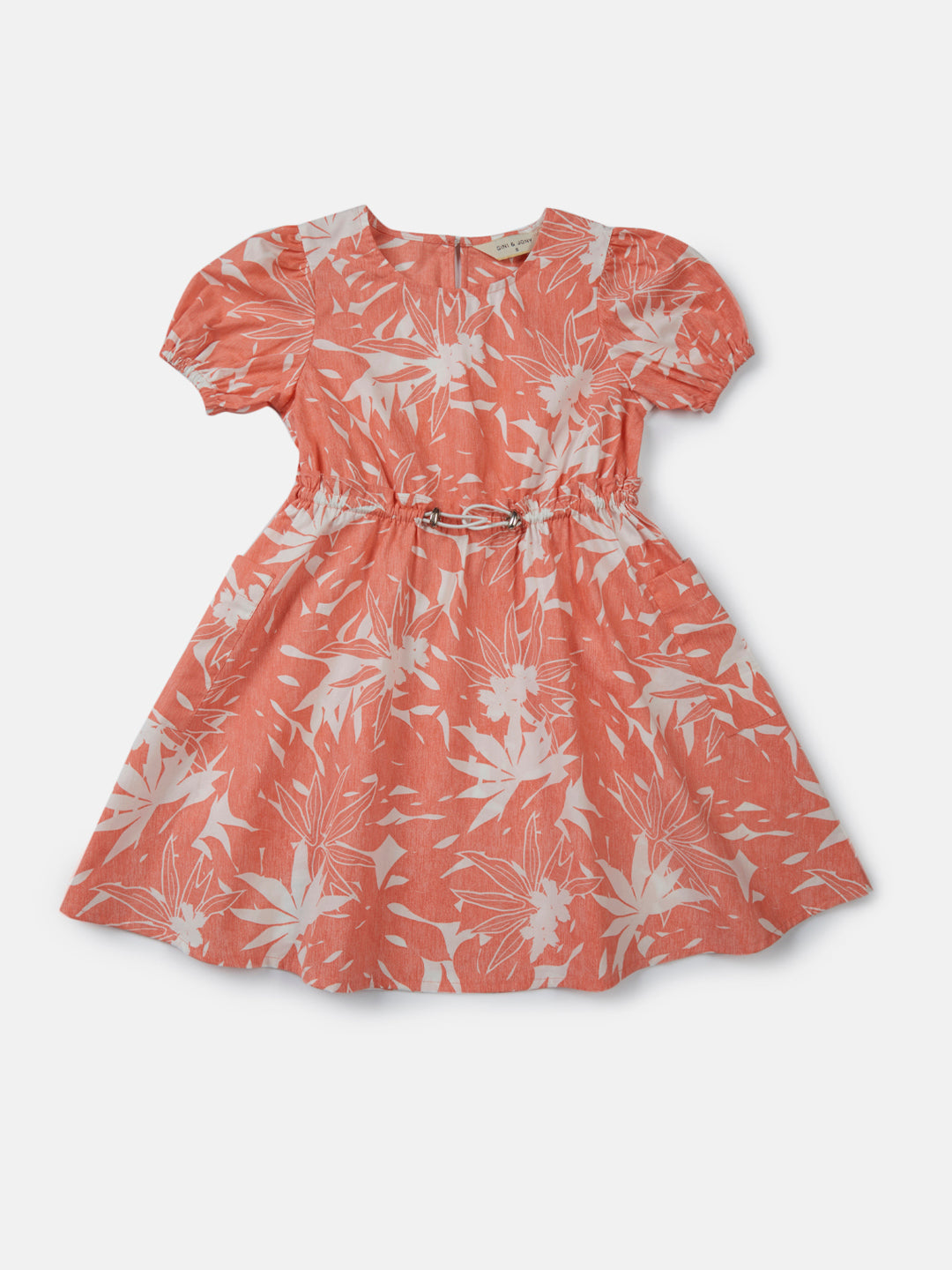 Girls Peach Printed Woven Dress