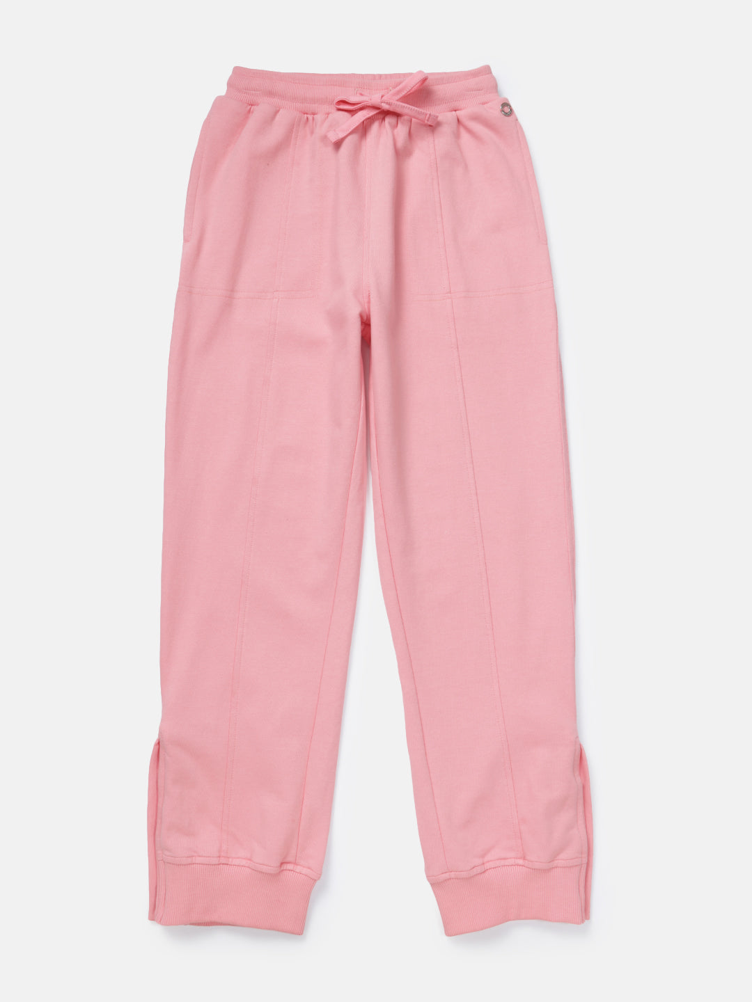 Girls Pink Cotton Solid Elasticated Track Pant