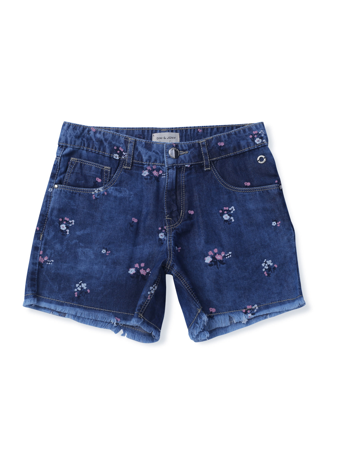 Girls Blue Printed Denim Shorts