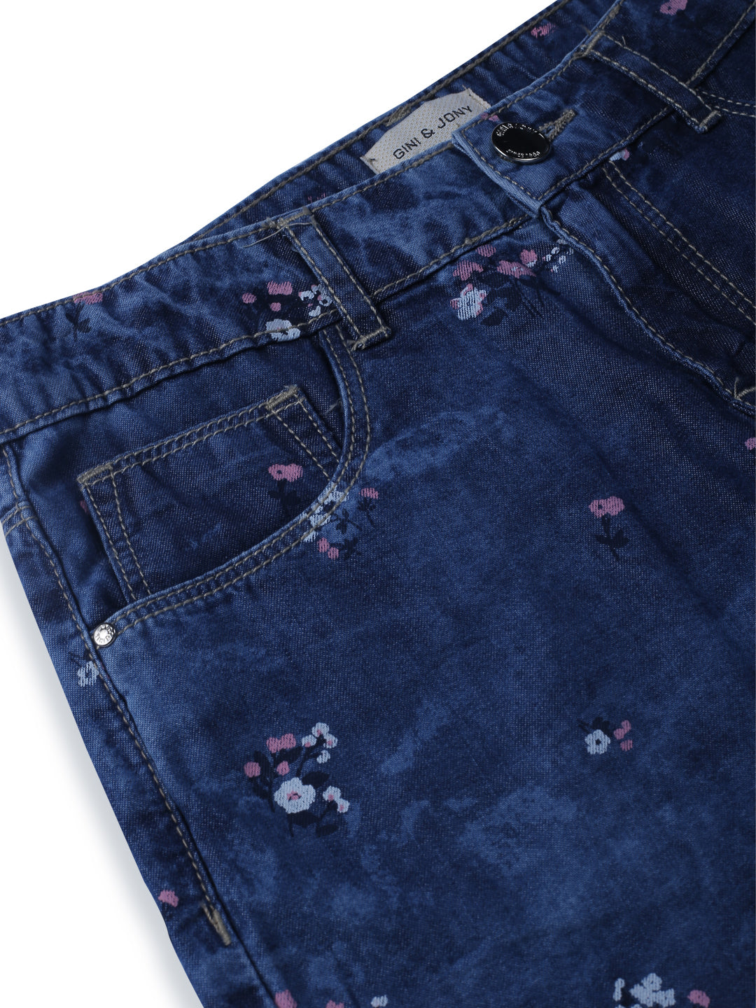 Girls Blue Printed Denim Shorts