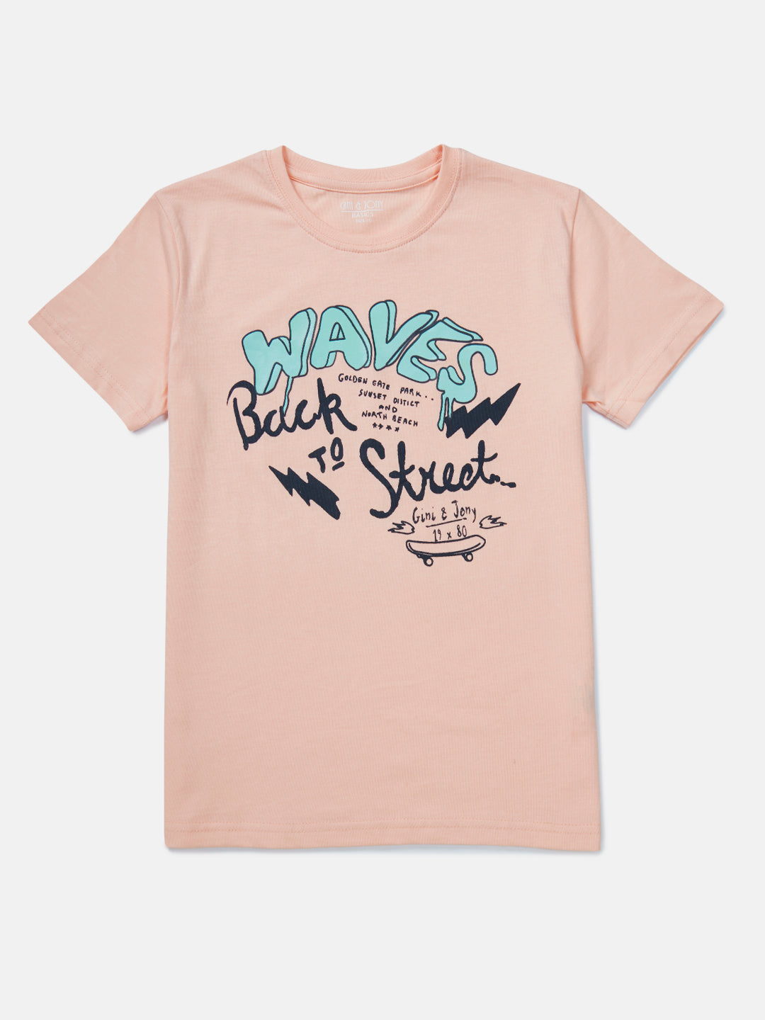 Boys Peach Printed Cotton T-Shirt