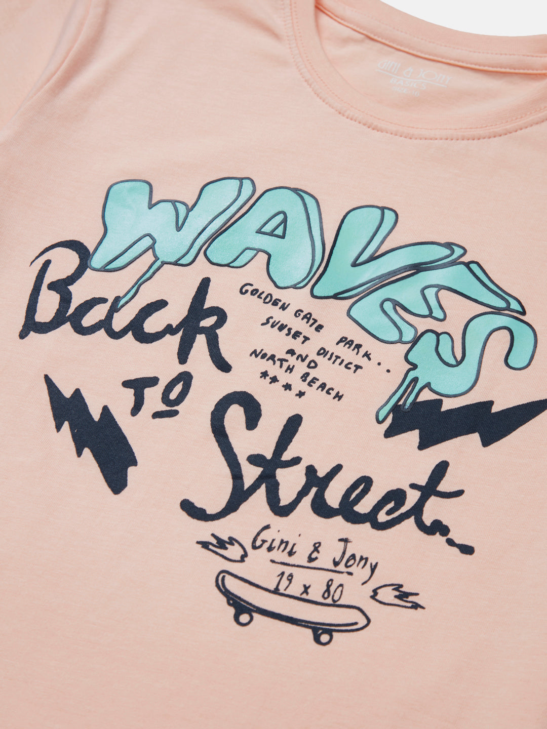 Boys Peach Printed Cotton T-Shirt