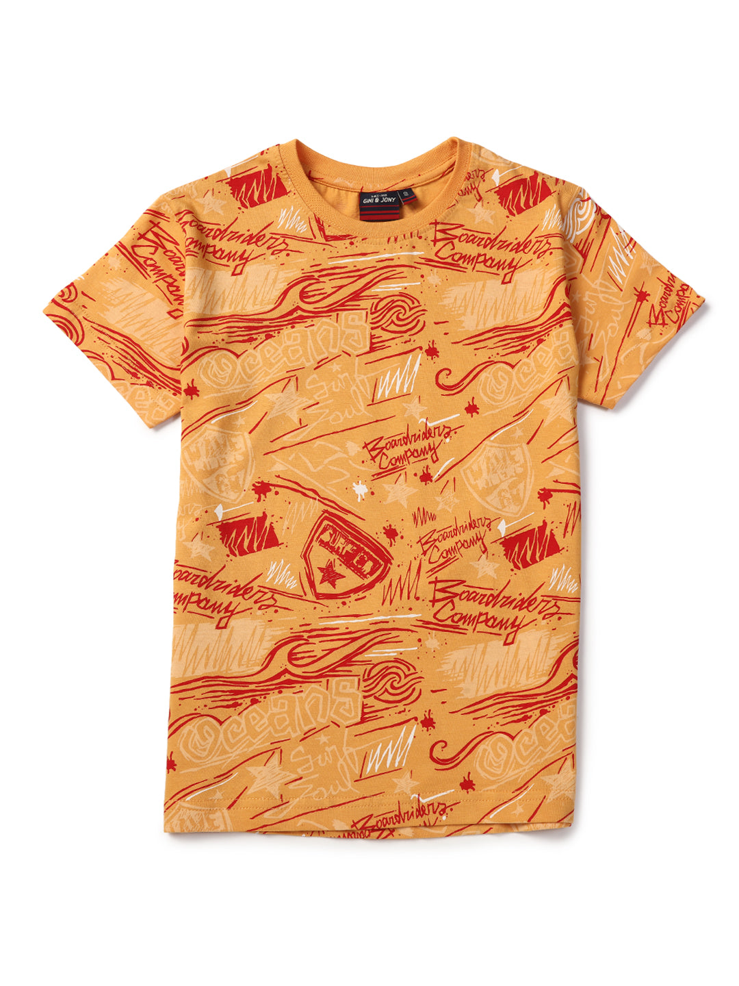 Boys Orange Printed Knits T-Shirt