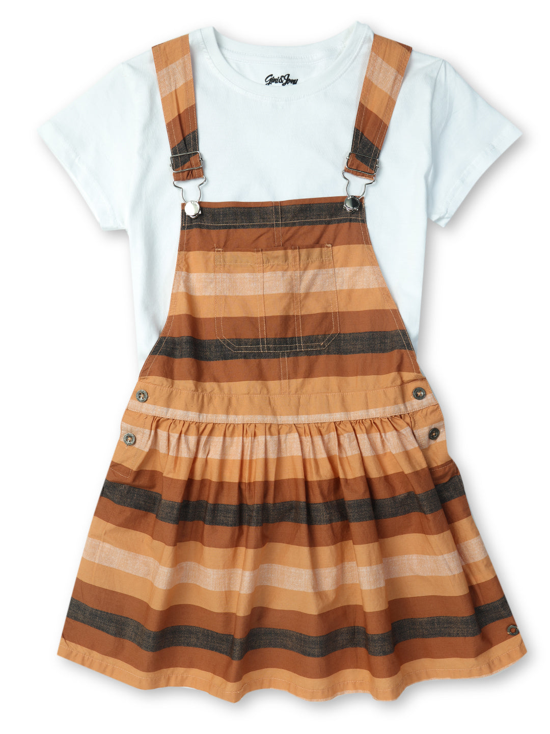 Girls Brown Striped Woven Dungree