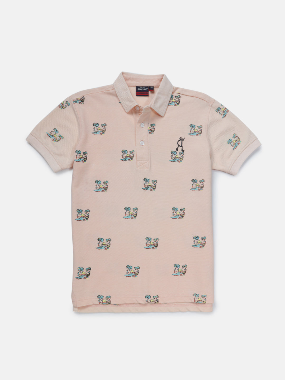 Boys Peach Printed Knits Polo T-Shirt
