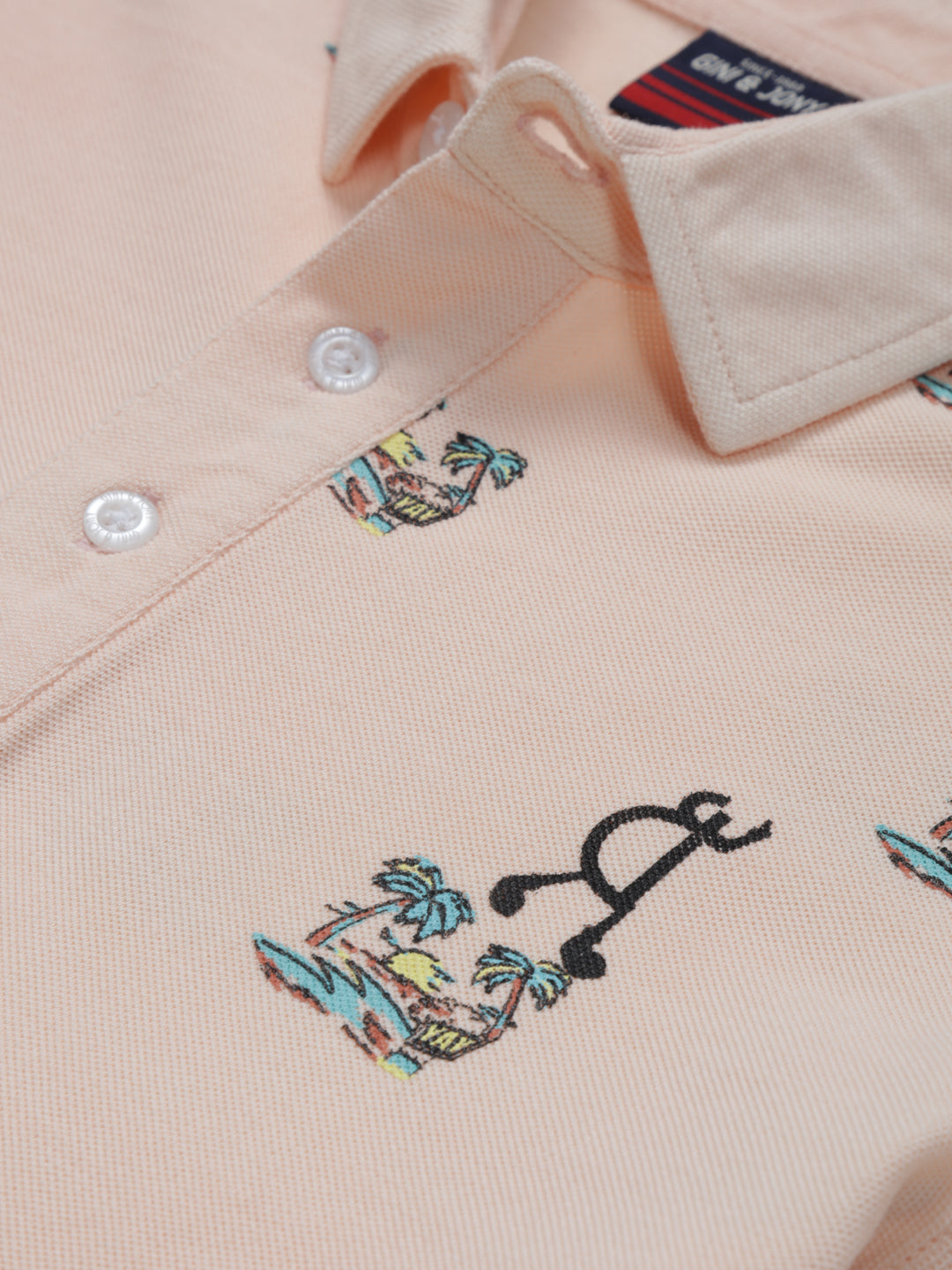 Boys Peach Printed Knits Polo T-Shirt