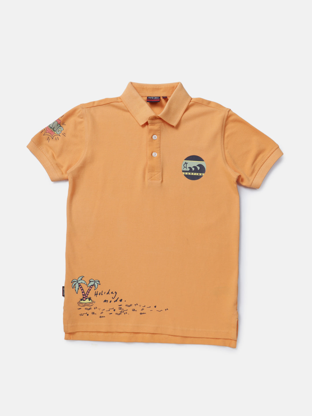 Boys Orange Printed Knits Polo T-Shirt