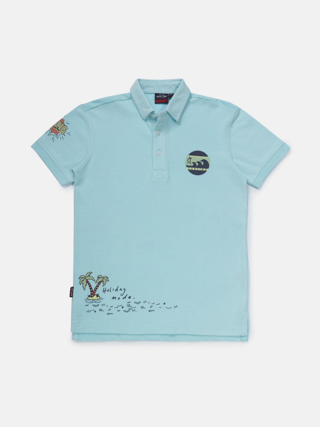 Boys Blue Printed Knits Polo T-Shirt