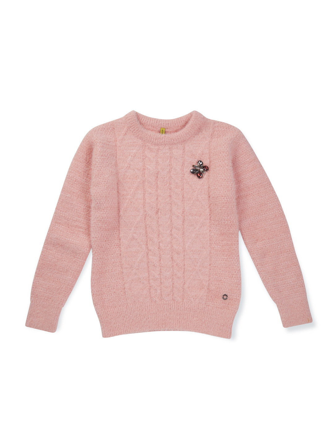 Girls Peach Solid Woven Sweater