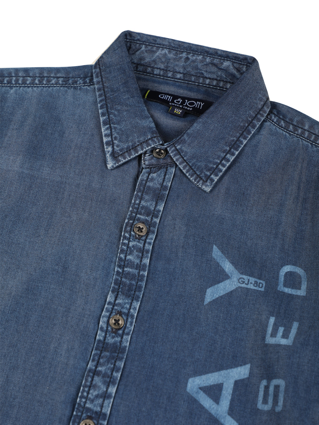 Boys Navy Blue Printed Denim Shirt