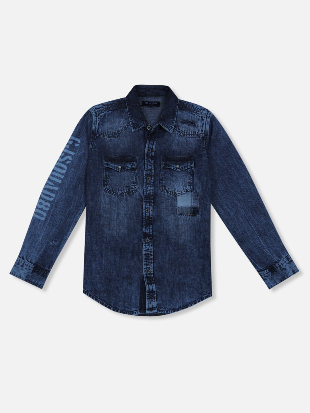 Boys Navy Blue Printed Denim Shirt