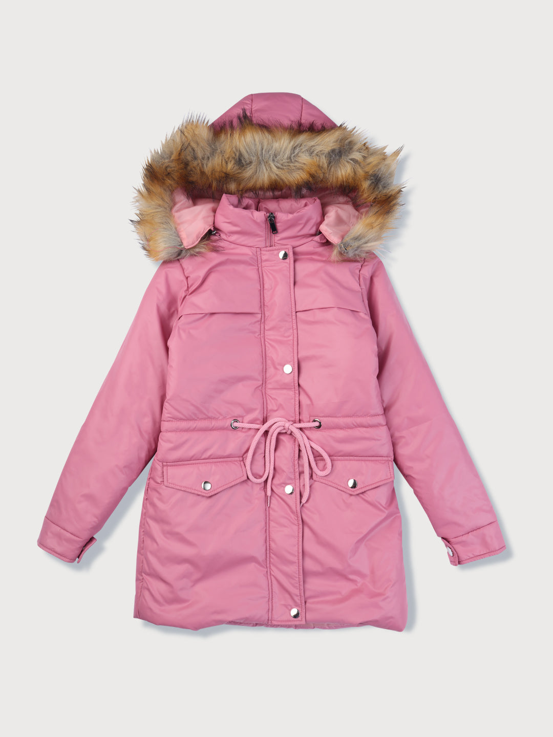 Girls Pink Solid Taffeta Heavy Winter Jacket