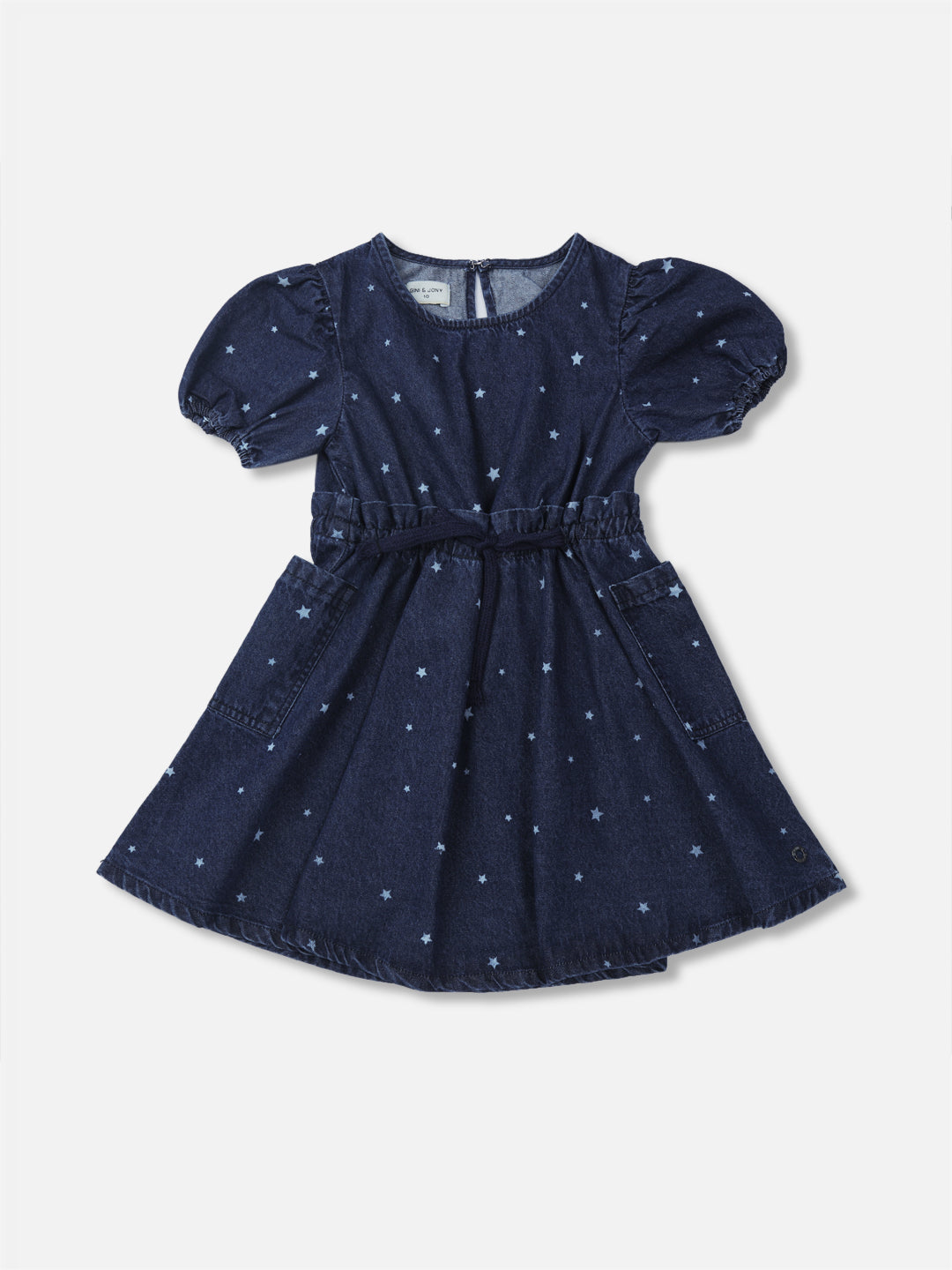 Girls Navy Blue Printed Denim Dress