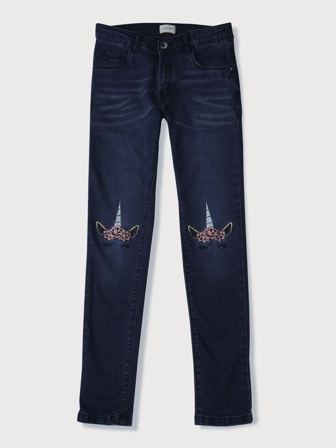 Girls Navy Blue Embroidered Denim Jeans
