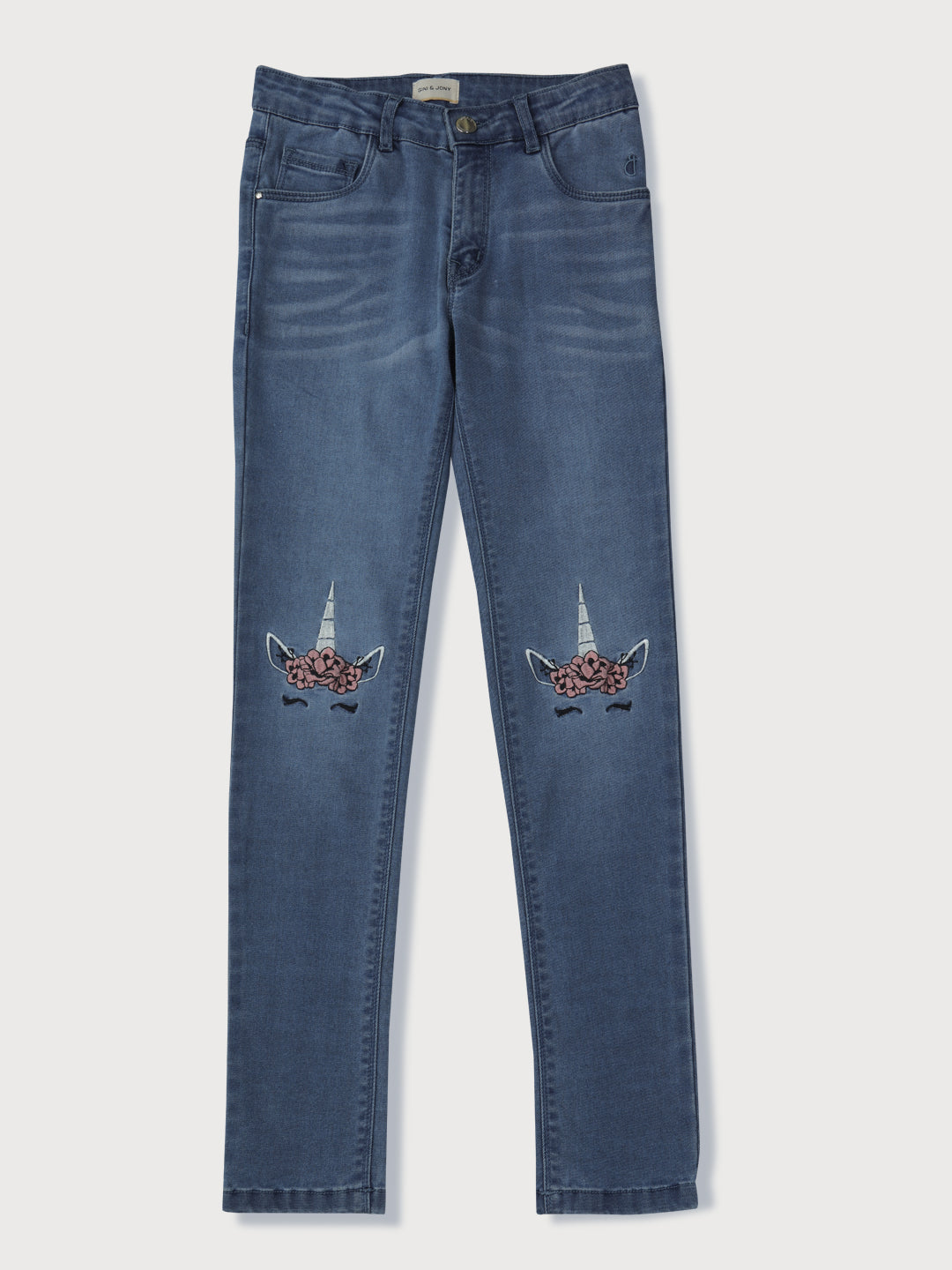 Girls Blue Embroidered Denim Jeans