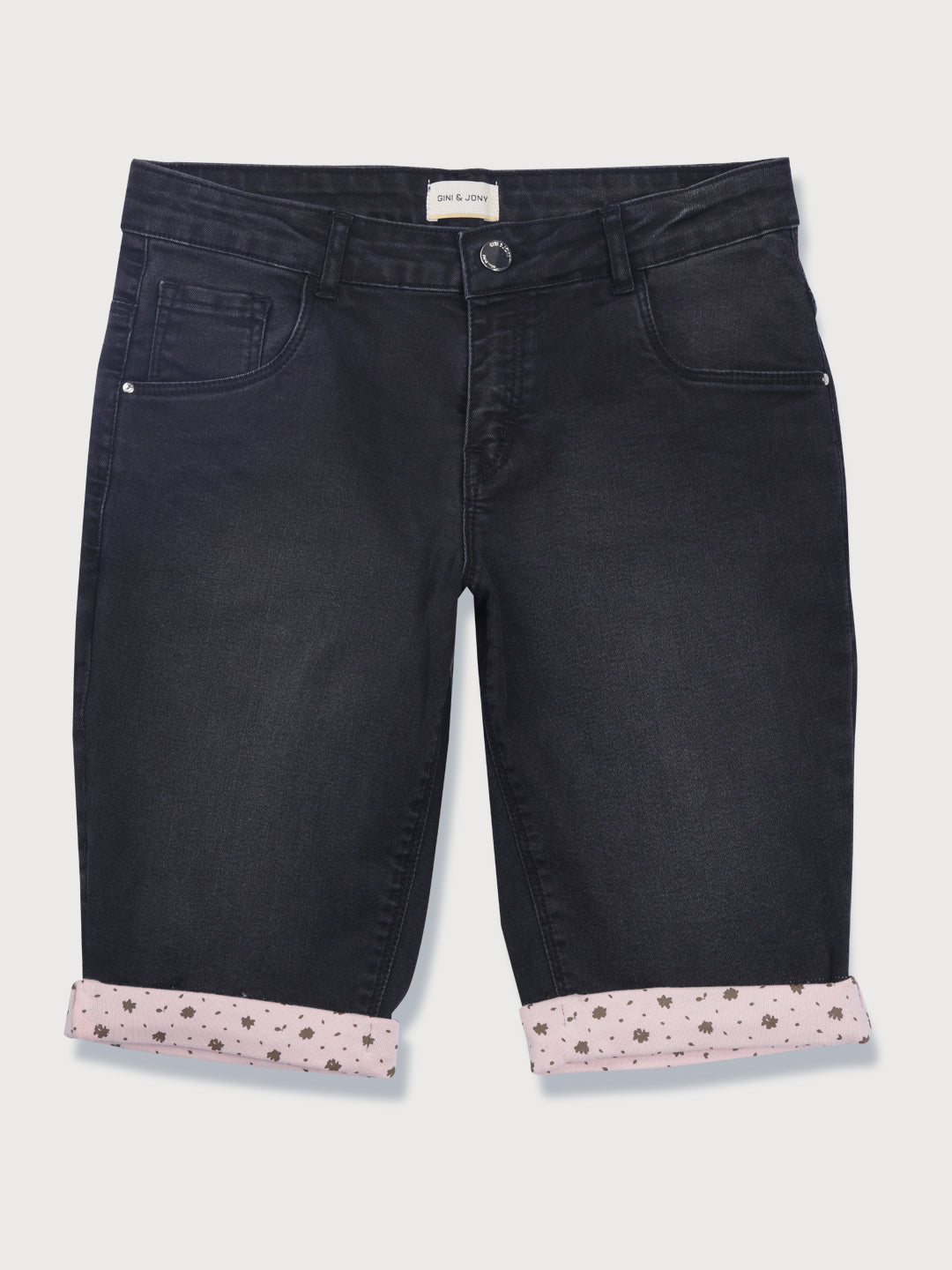 Girls Black Solid Denim Pedal Pusher