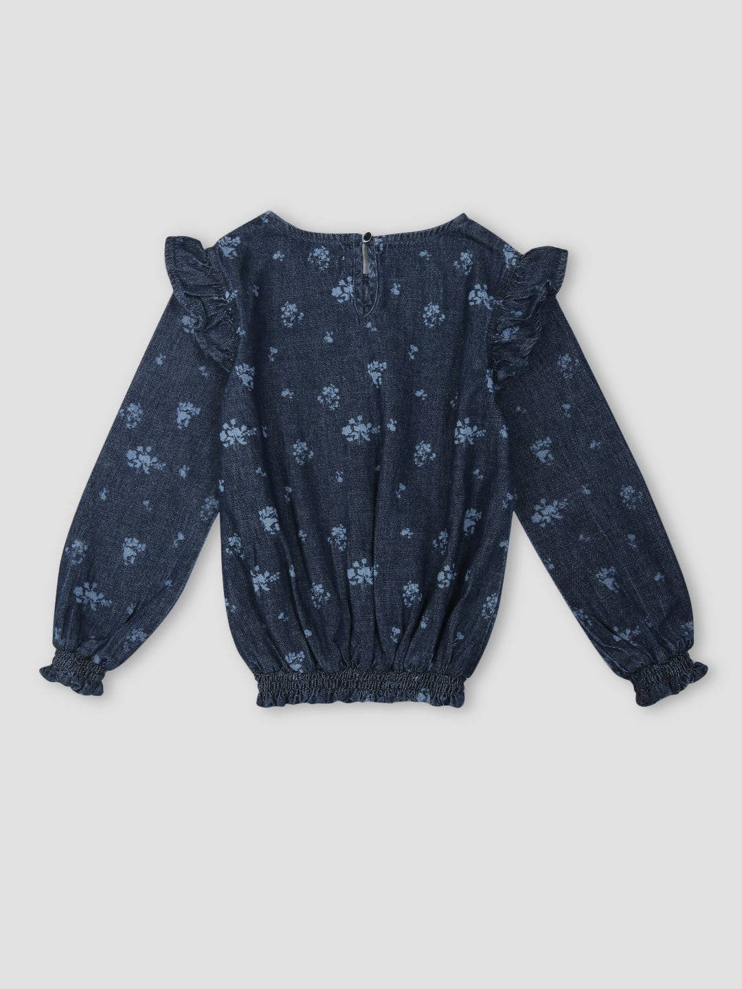 Girls Navy Blue Printed Denim Woven Top