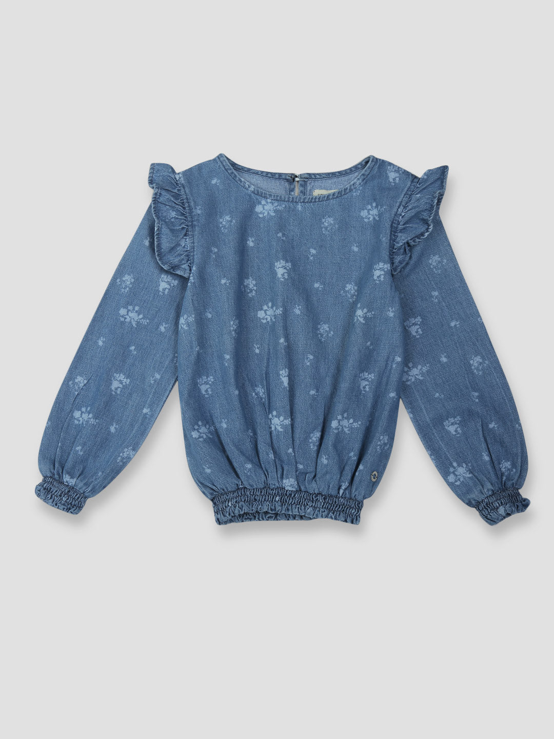 Girls Blue Printed Denim Woven Top