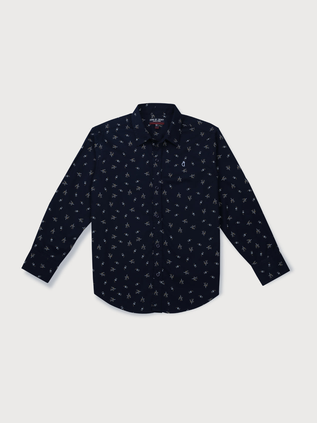 Boys Navy Blue Printed Cotton Shirt