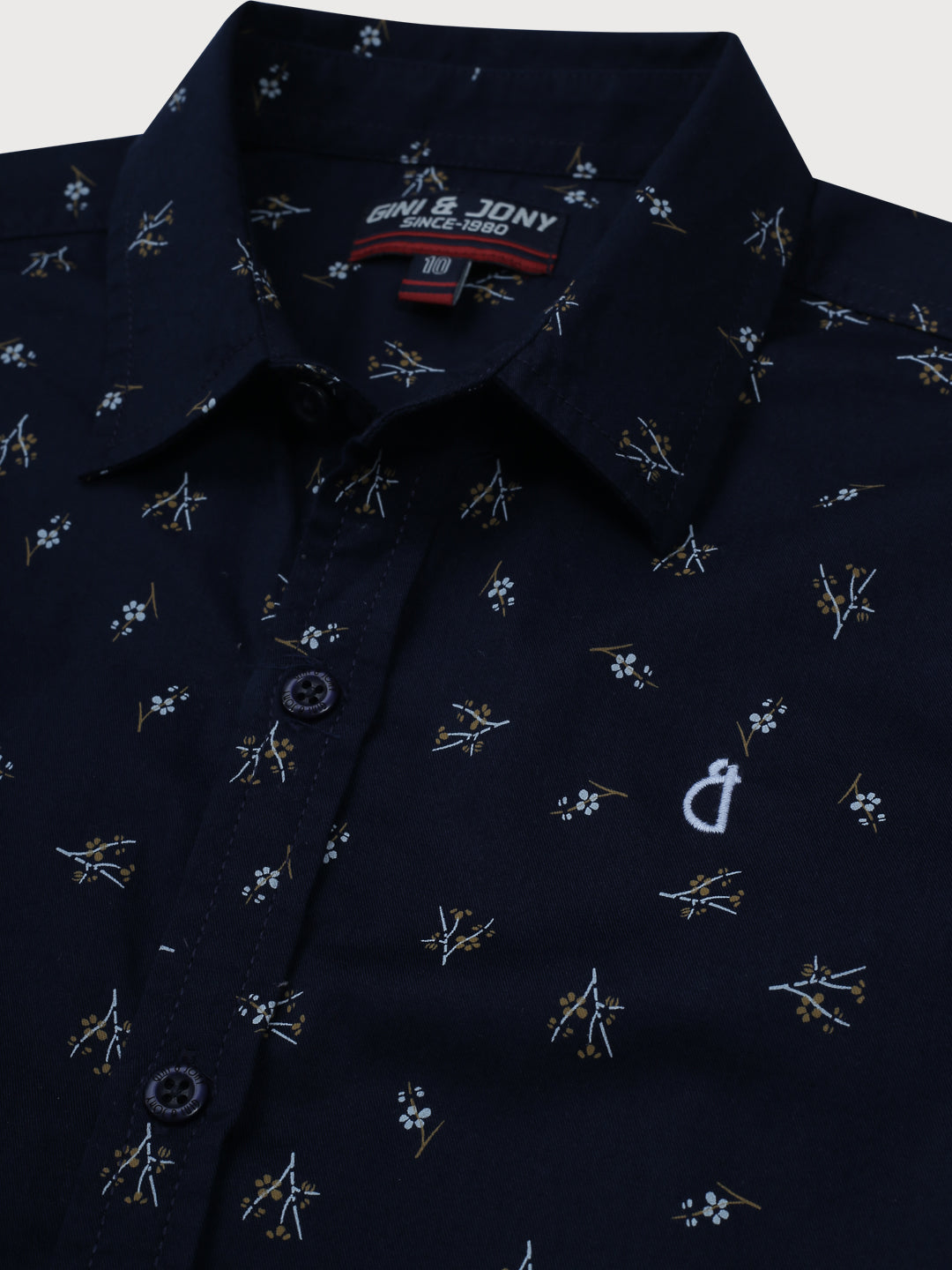 Boys Navy Blue Printed Cotton Shirt