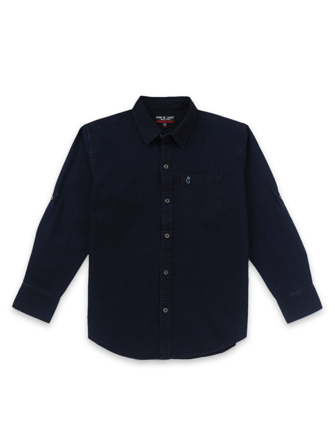 Boys Navy Blue Solid Denim Shirt