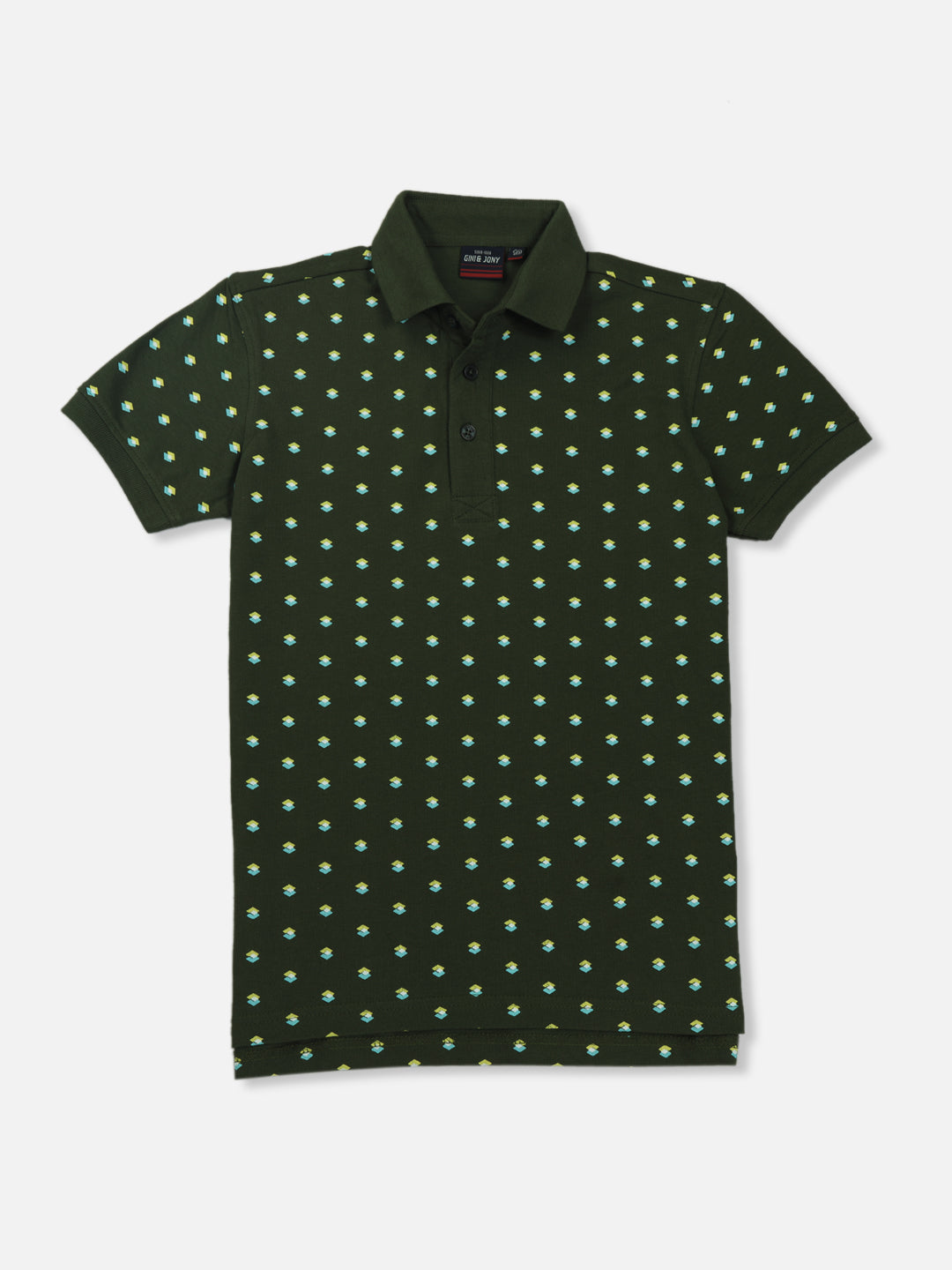 Boys Green Printed Woven Polo T-Shirt