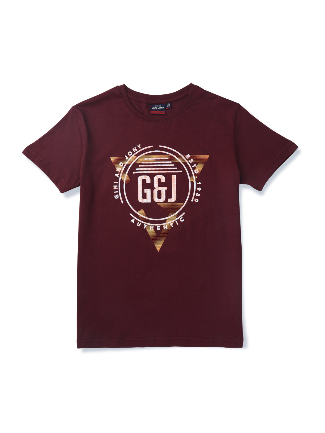 Boys Maroon Printed Cotton T-Shirt