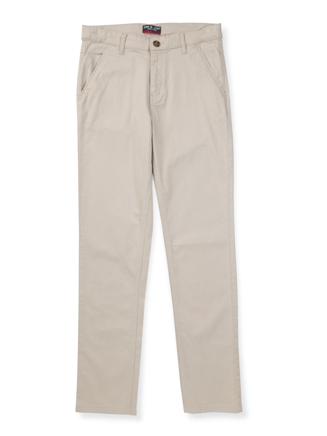 Boys Beige Solid Cotton Trouser