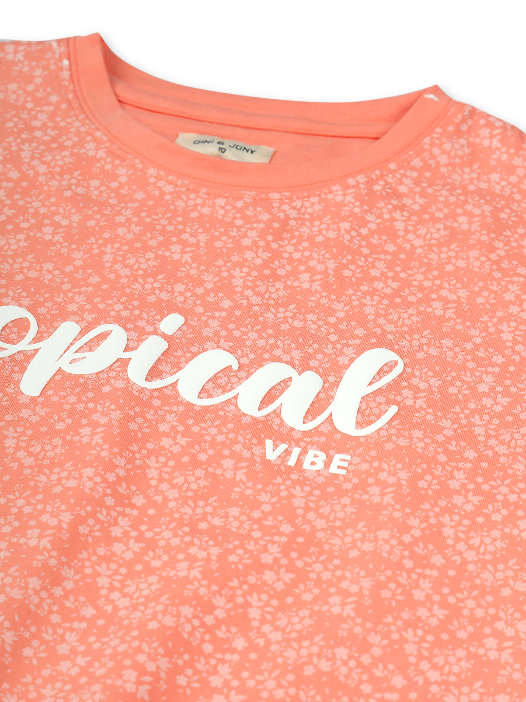 Girls Peach Typographic Print Cotton Knits Top Half Sleeves